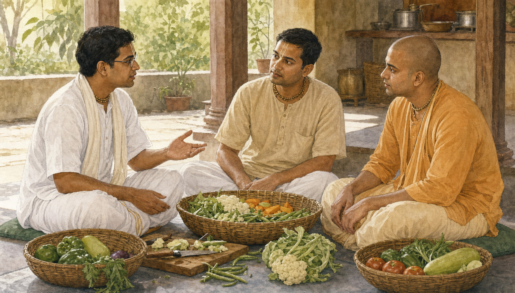 Three devotees discuss kitchen service calmly while seated at the same level beside baskets of vegetables.