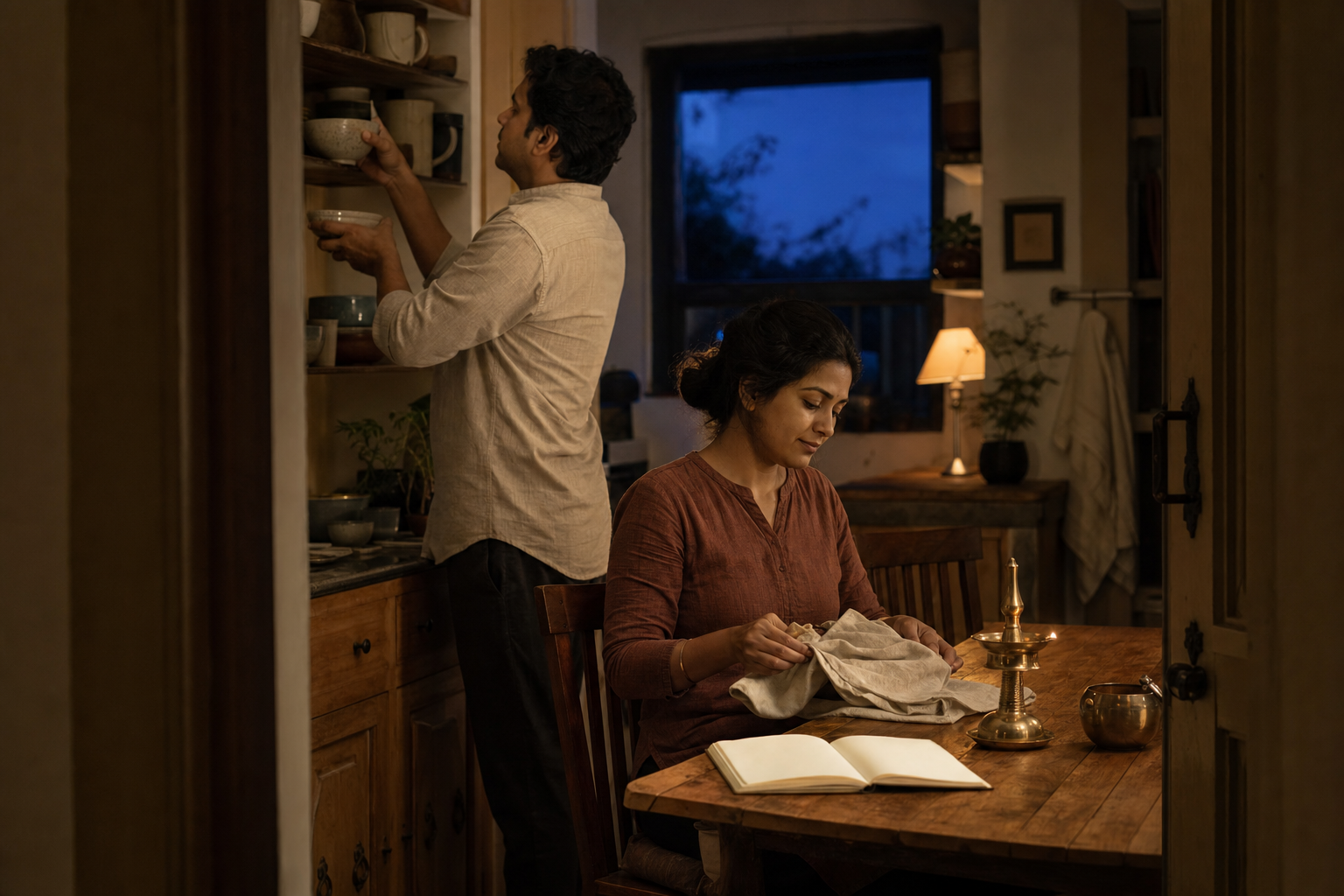 Two family members finish tidying after an evening meal beside a blank journal and a softly glowing brass lamp.