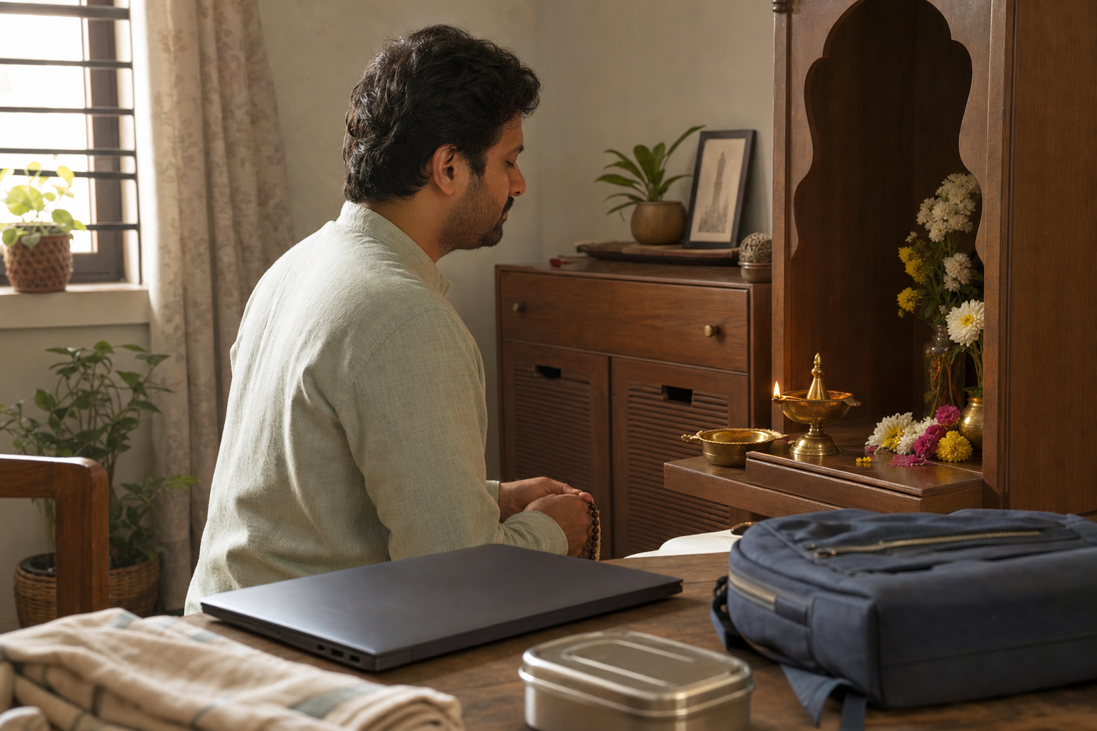 An adult performs a simple home observance beside a work bag, laptop, lunch container, flowers, and brass lamp.
