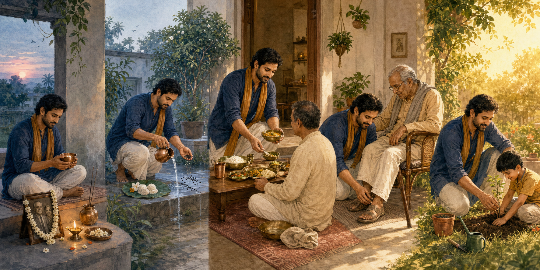 Five connected scenes show one person remembering an ancestor, offering water, serving a meal, helping an elder, and teaching a child to plant a sapling.