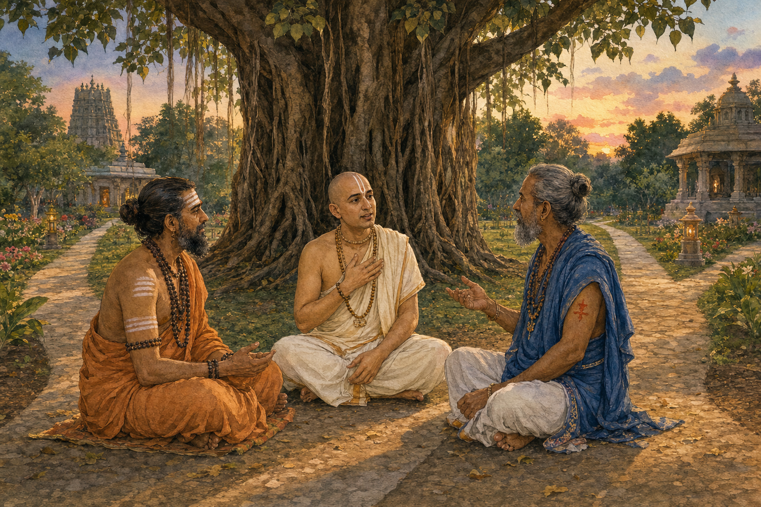 Three practitioners from distinct dharmic lineages converse respectfully beneath a banyan tree beside separate garden paths.
