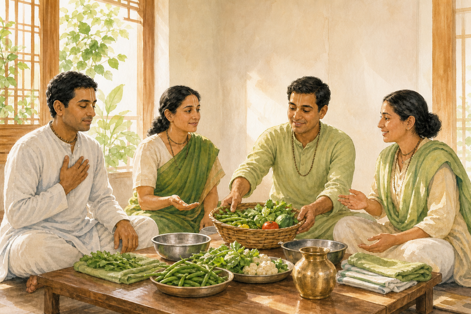 Four devotees pause around a meal-preparation table, then reorganize shared bowls and vegetables before continuing their service.