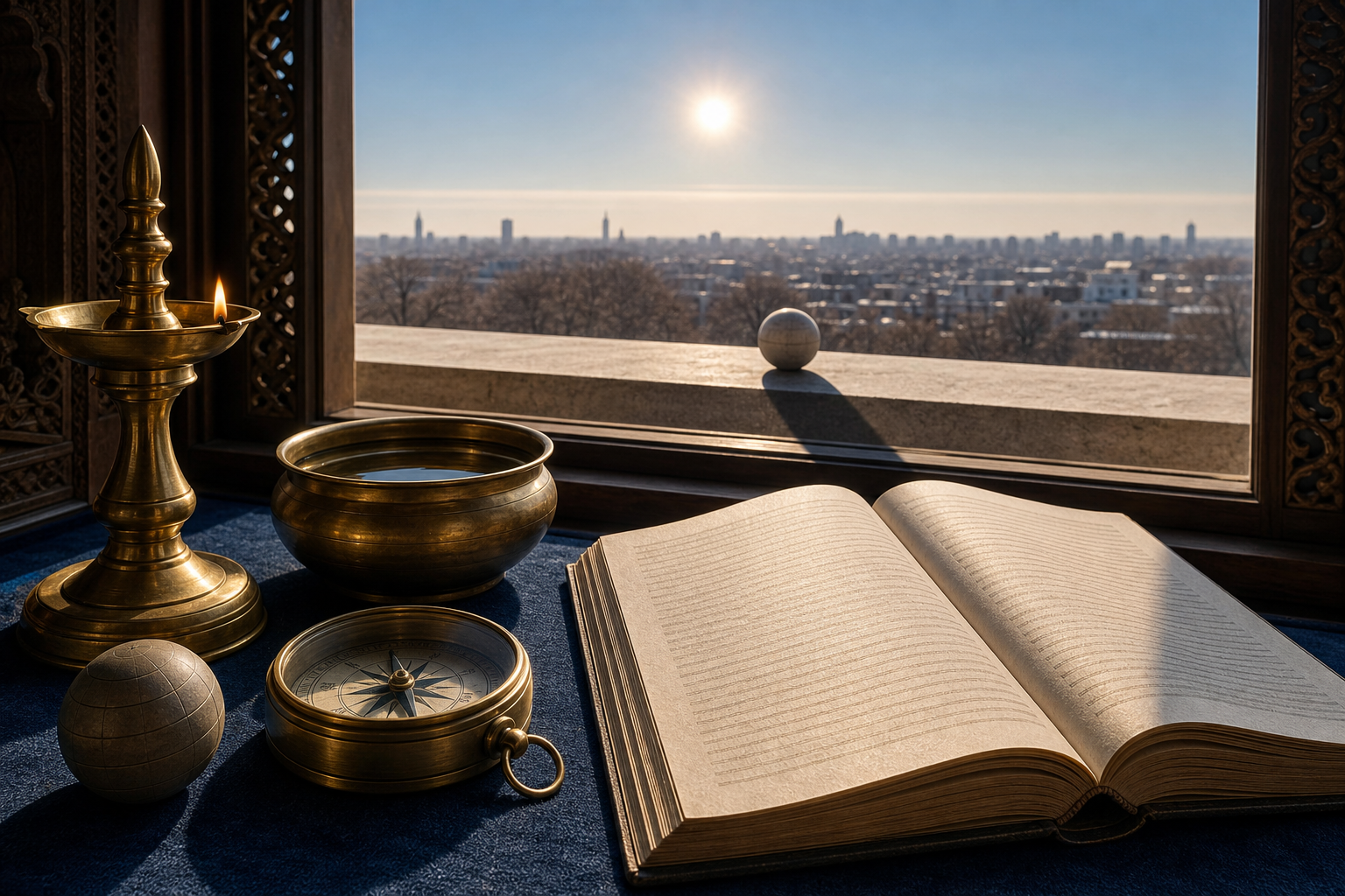 A brass lamp, compass, blank almanac, and unmarked globe sit beside a window where midday sunlight casts a sharp shadow.