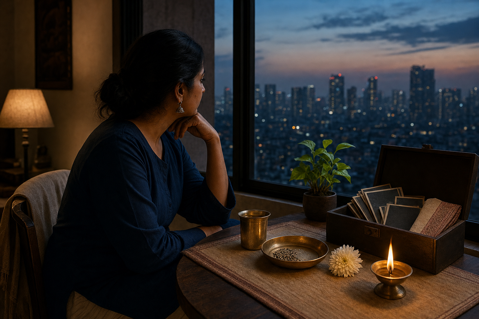 A person in a city apartment sits beside a simple water, sesame, flower, and lamp arrangement near a box of face-down family photographs.