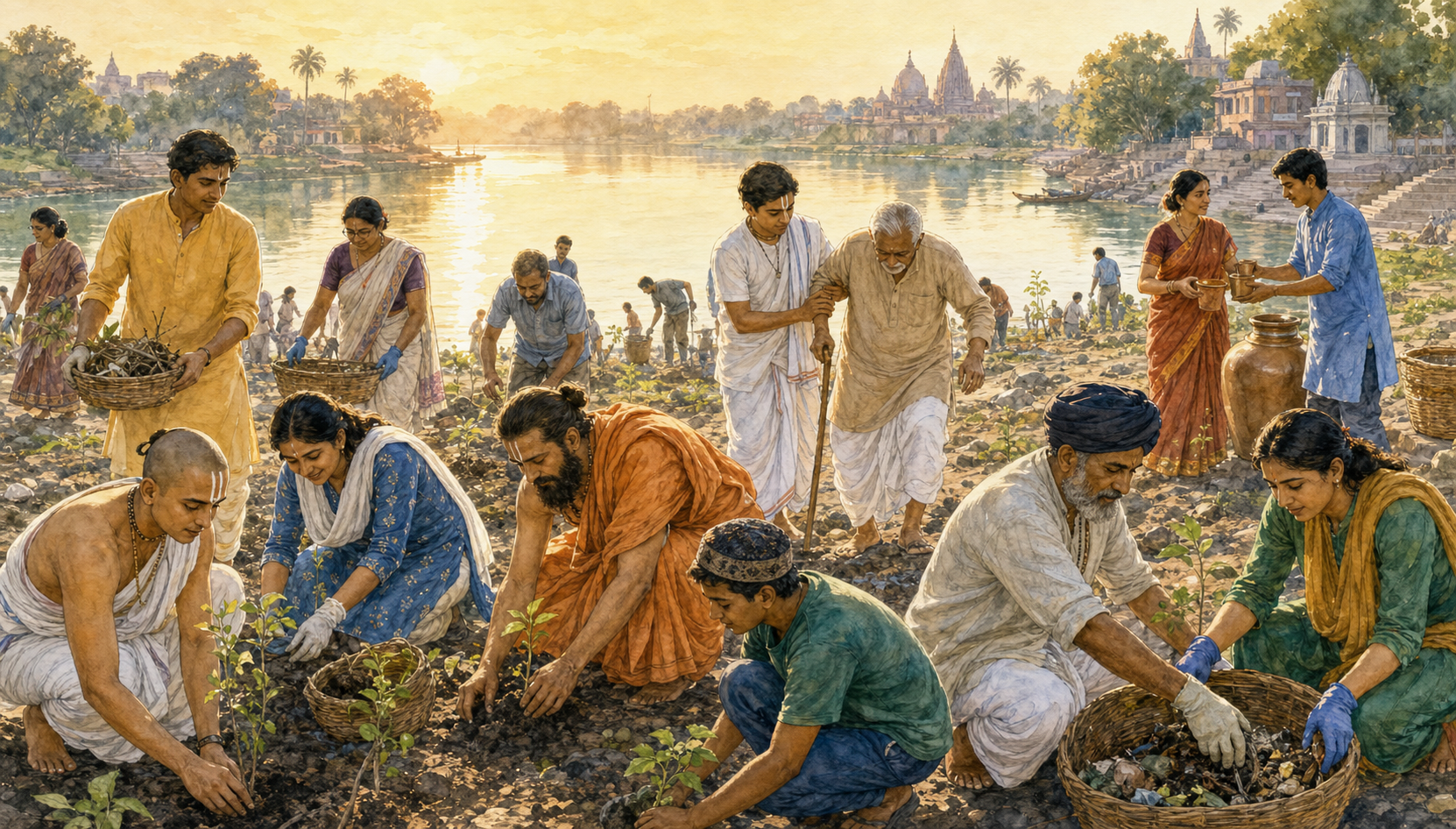 People from several dharmic traditions plant saplings, collect litter, share water, and help one another along a riverbank.