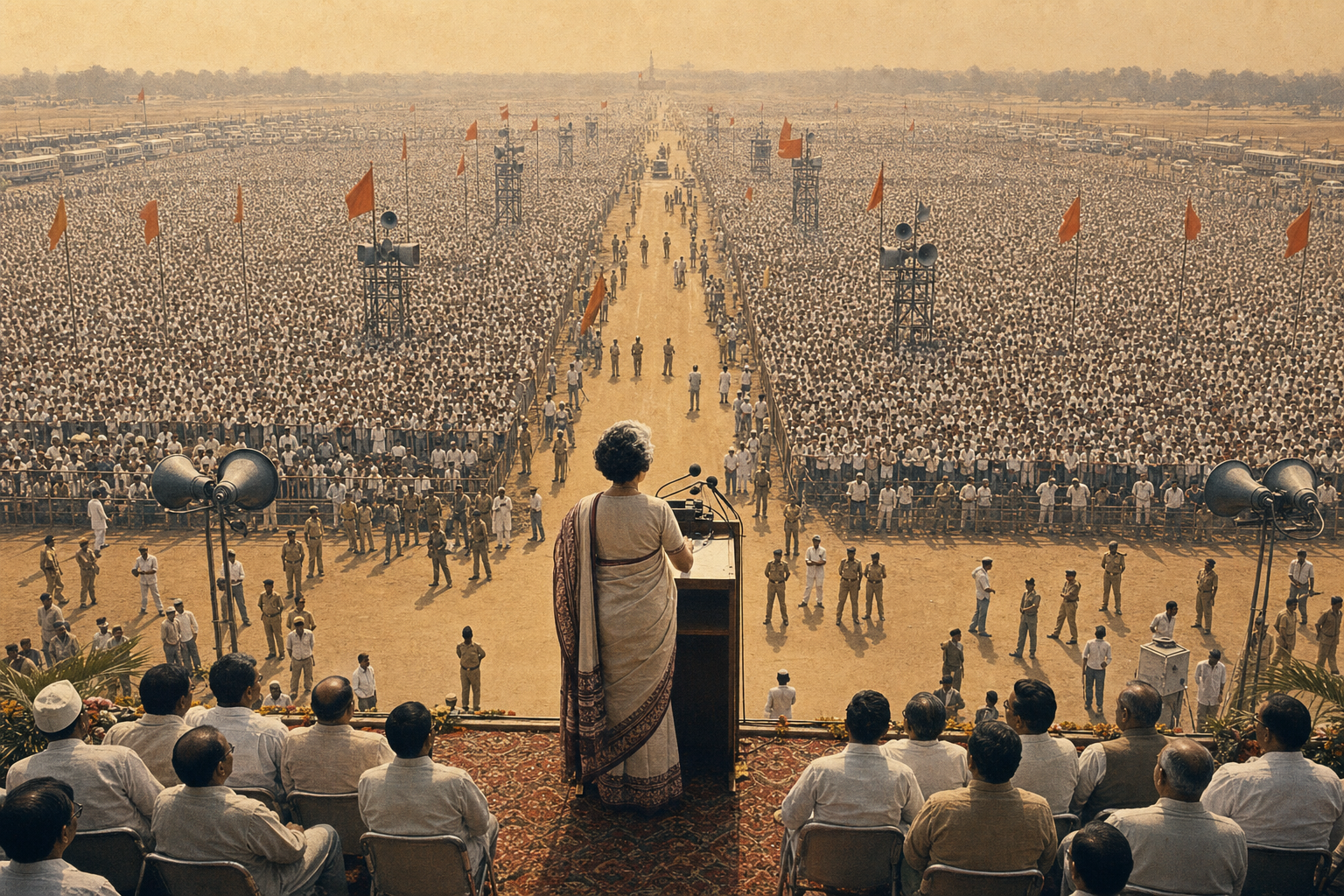 Indira Gandhi stands at the center of a rally stage facing a vast organized crowd, with flags, loudspeaker towers and buses visible around a dusty maidan.