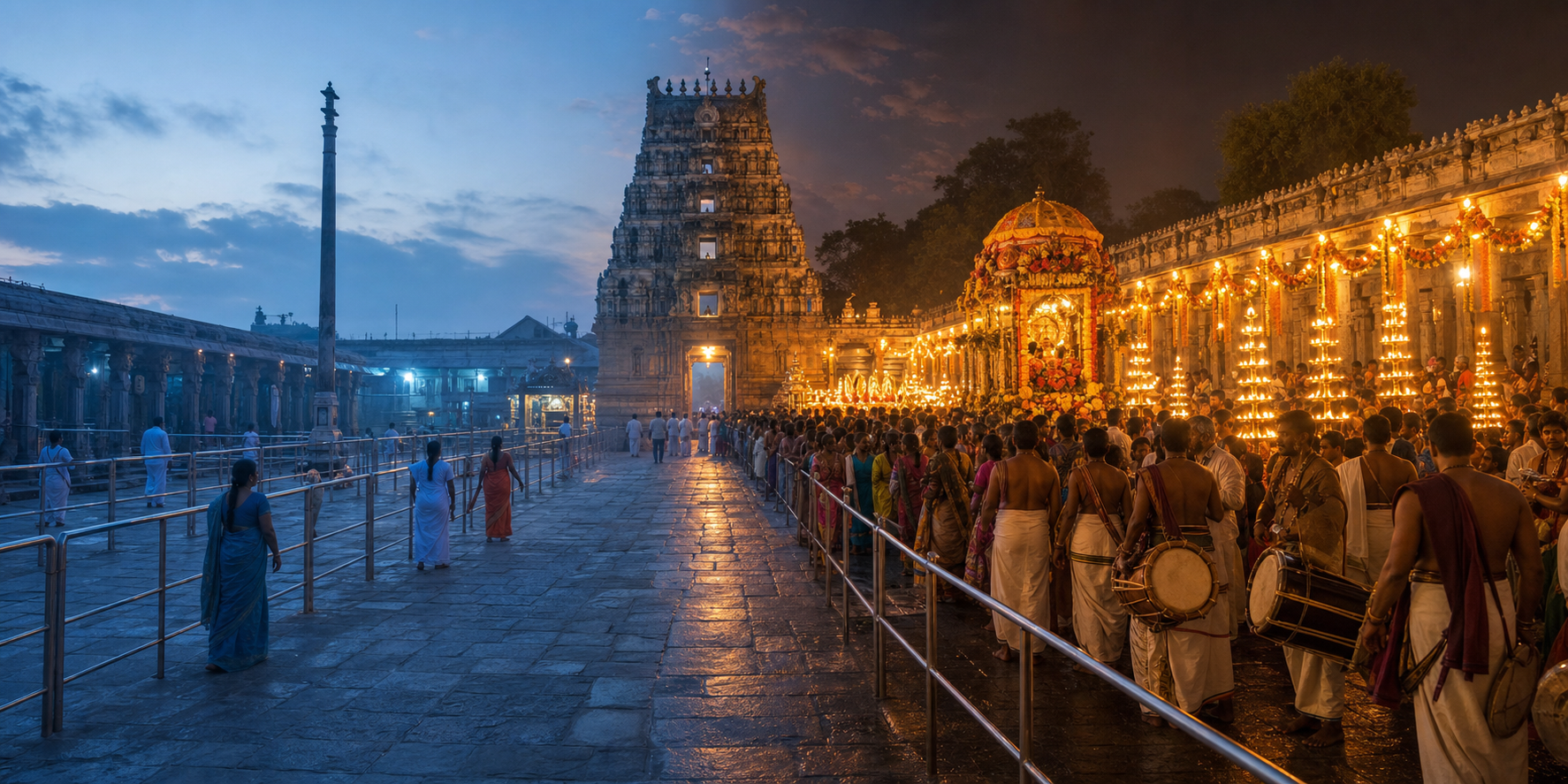 A comparative temple scene shows a quiet morning darshan on one side and a crowded lamp-lit festival gathering on the other.