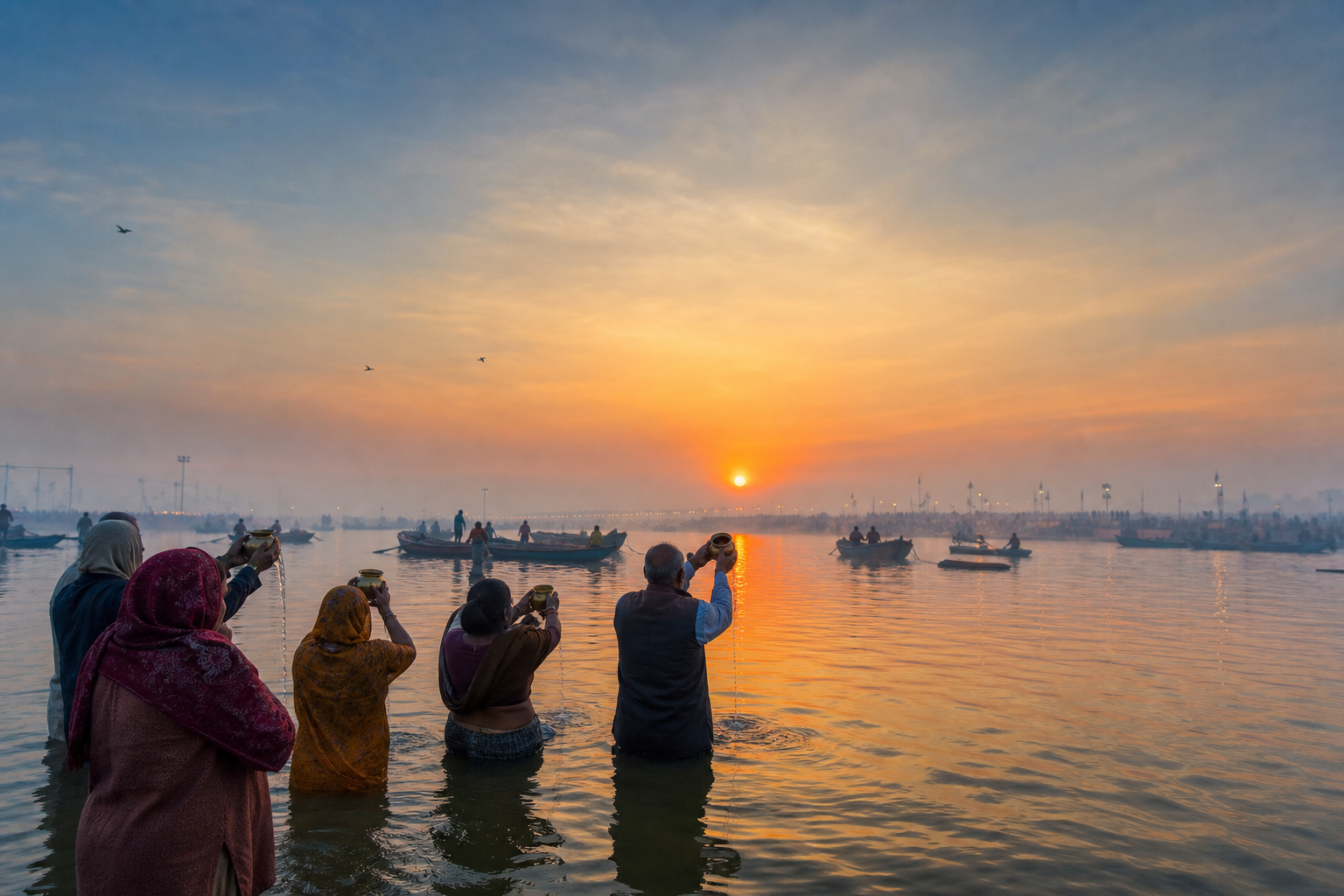 Pilgrims offer water to the rising sun while bathing in the misty Sangam at Prayagraj before dawn.