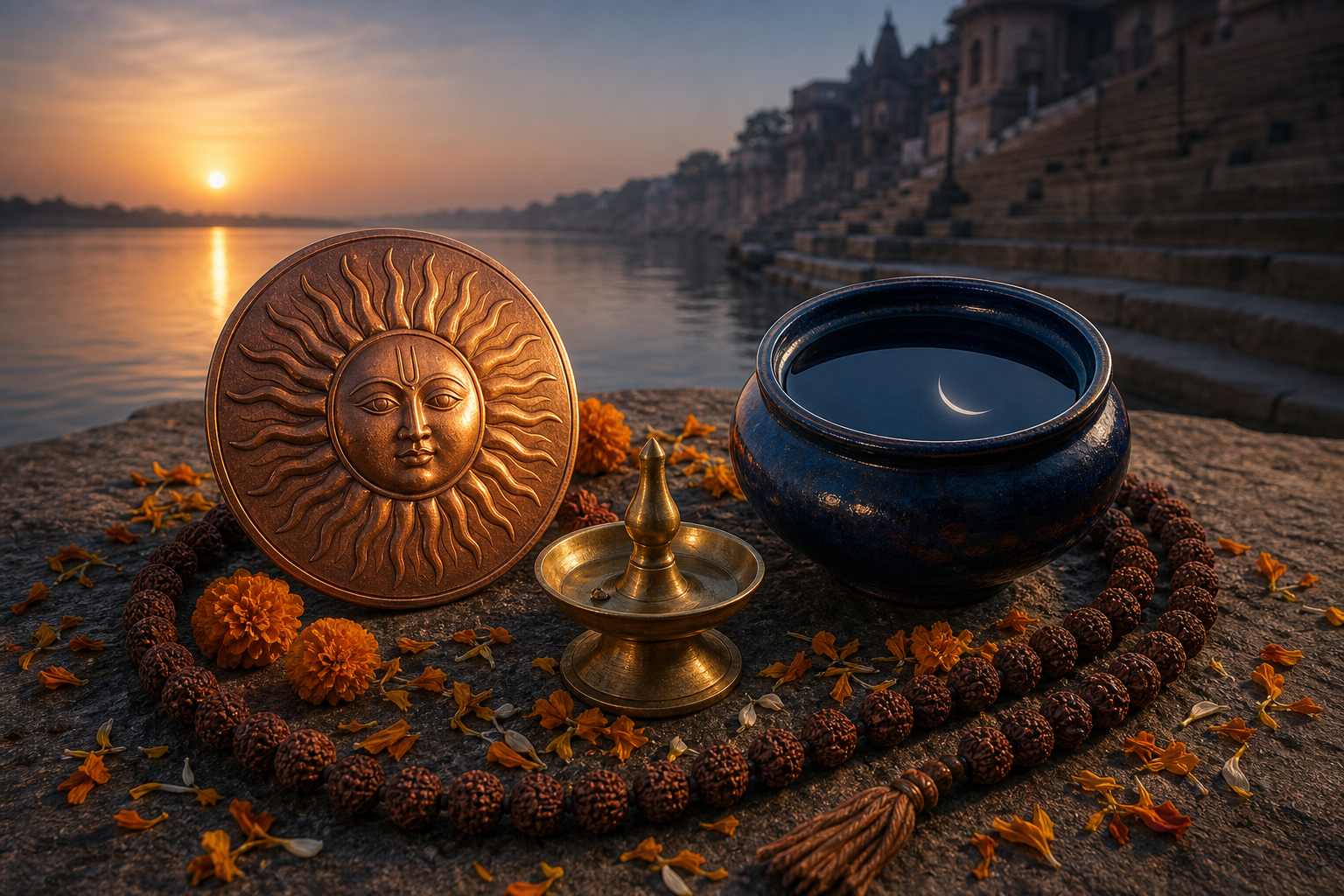 A copper sun disc, crescent moon reflection, brass lamp, beads and flowers symbolize solar and lunar time beside a river.
