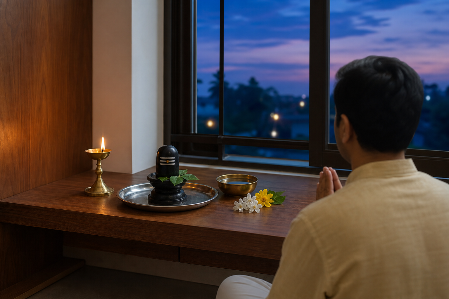 People pray, meditate, read, and prepare food for service in separate areas of one lamplit courtyard.