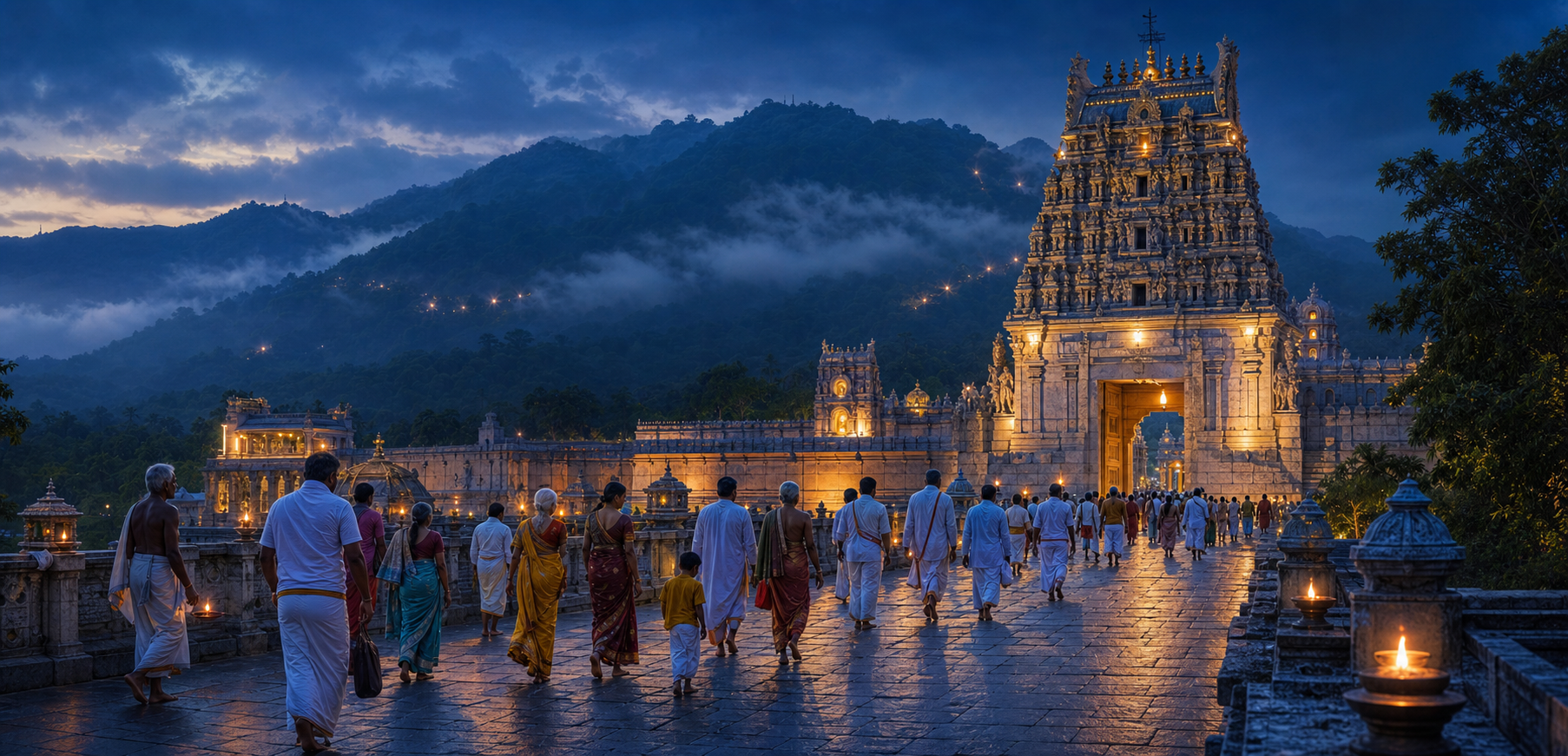Pilgrims approach an illuminated South Indian temple gateway in the Tirumala hills before sunrise.