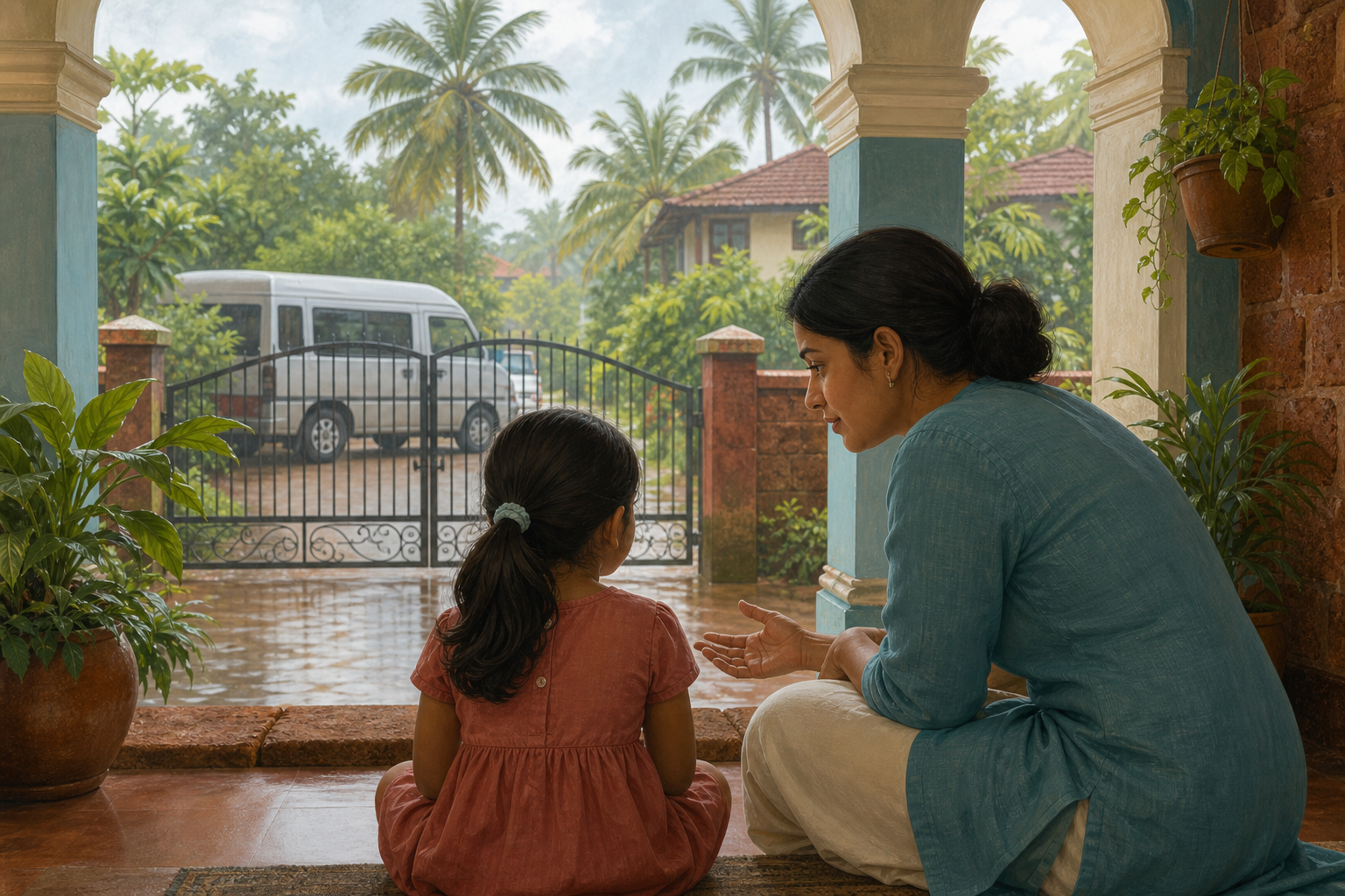 A parent sits at eye level beside a young child on a shaded Goan veranda while an unbranded school van remains outside a closed gate.