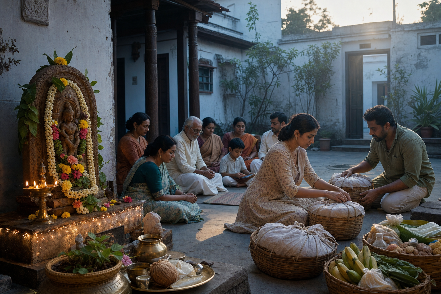 A multigenerational family worships at a flower-decorated household shrine while preparing baskets of food and supplies for community service.