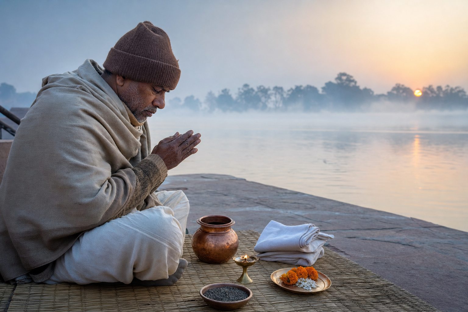 A pilgrim prepares in quiet contemplation beside a copper water vessel and simple offerings before a dawn river bath.