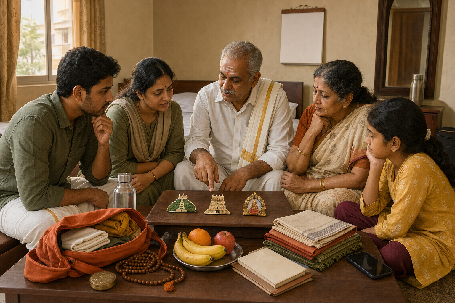 A pilgrim family in a Tirupati lodging prepares prayer items and travel essentials while comparing visual reminders of different temples.