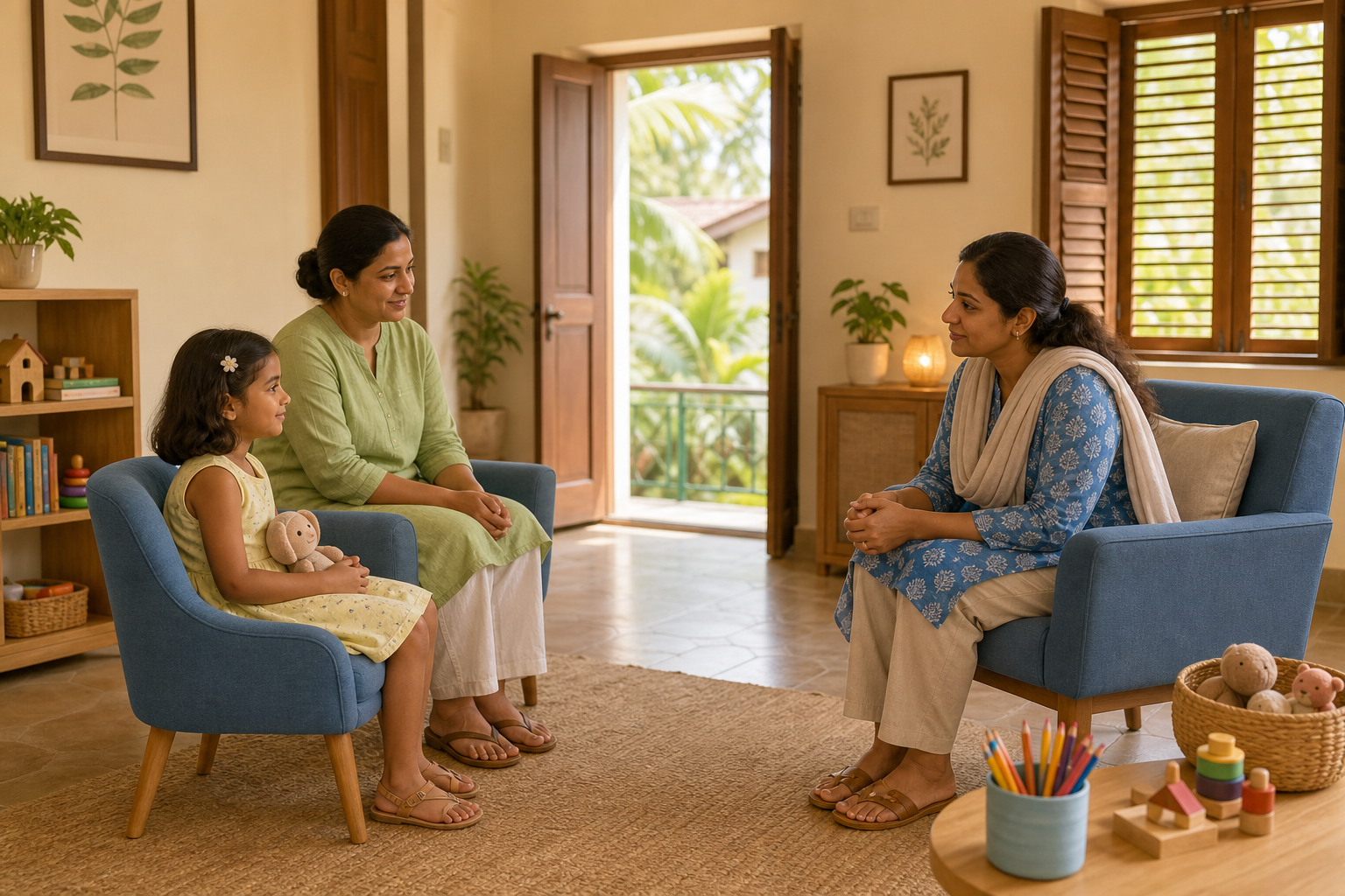 A child sits with a caregiver in a quiet room while a child-protection professional listens from a respectful distance at the child's eye level.