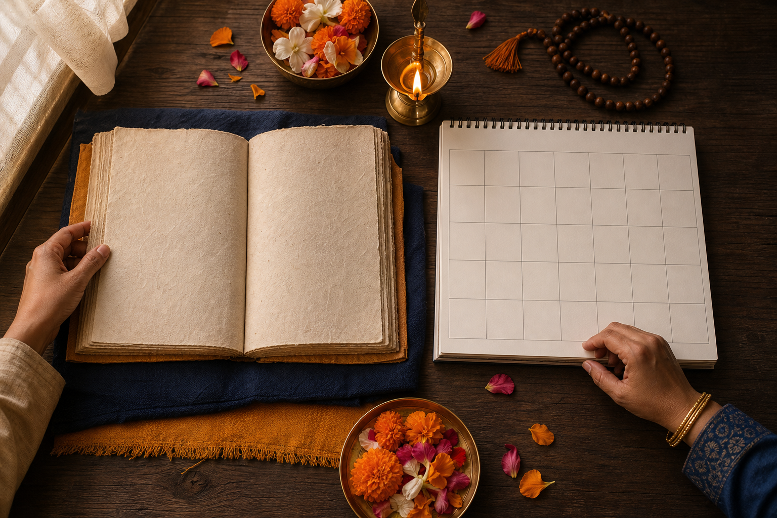 Two people compare an open lunar almanac and an unmarked modern calendar beside a brass lamp and flower petals.