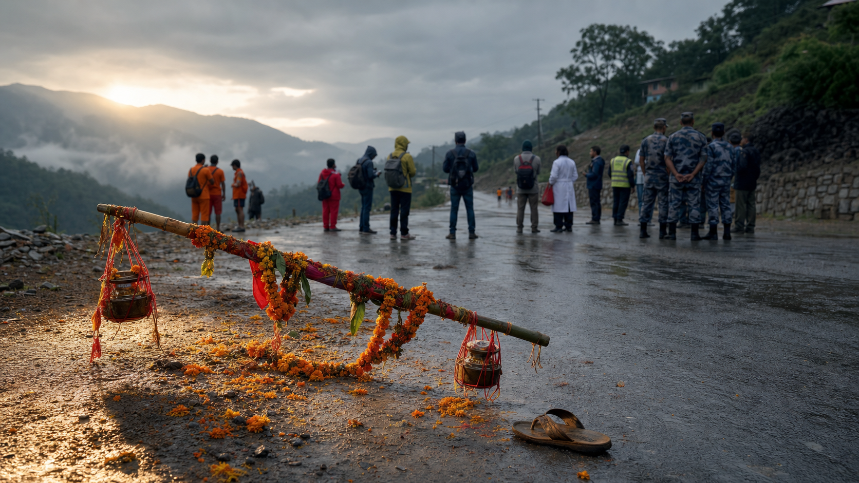 A decorated pilgrimage yoke, water vessels, marigold petals, and a dropped sandal lie on a wet Nepal road while pilgrims, residents, journalists, medics, and police stand in the distance.