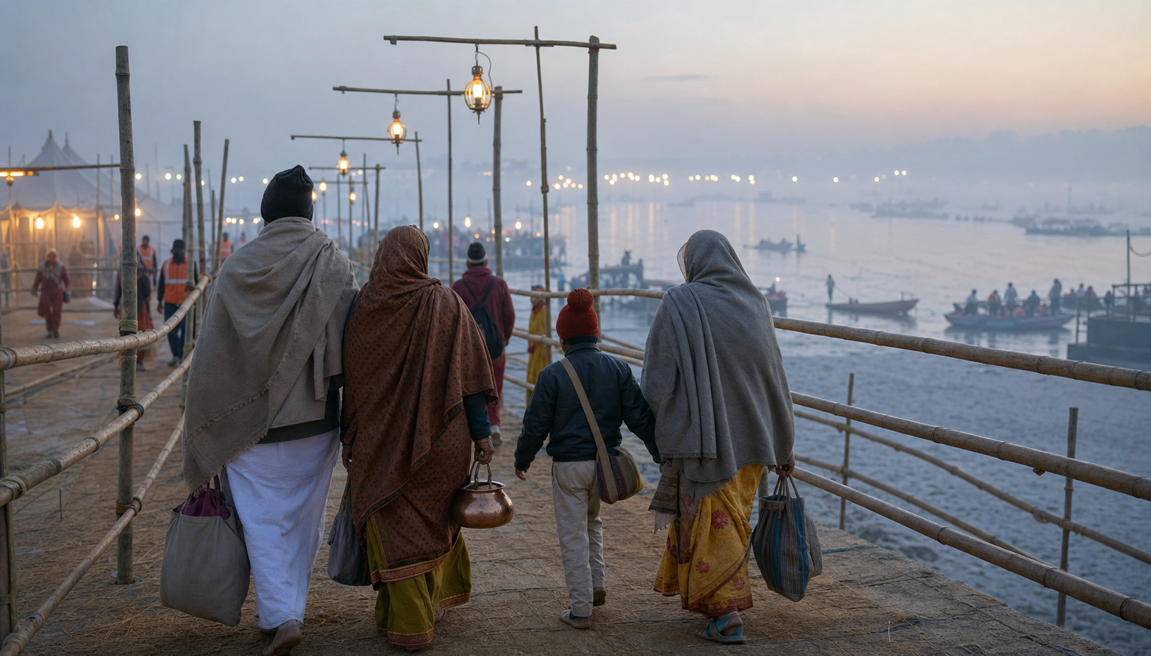 A family follows an orderly temporary pathway through the mist toward the Sangam, carrying shawls and a copper ritual vessel.
