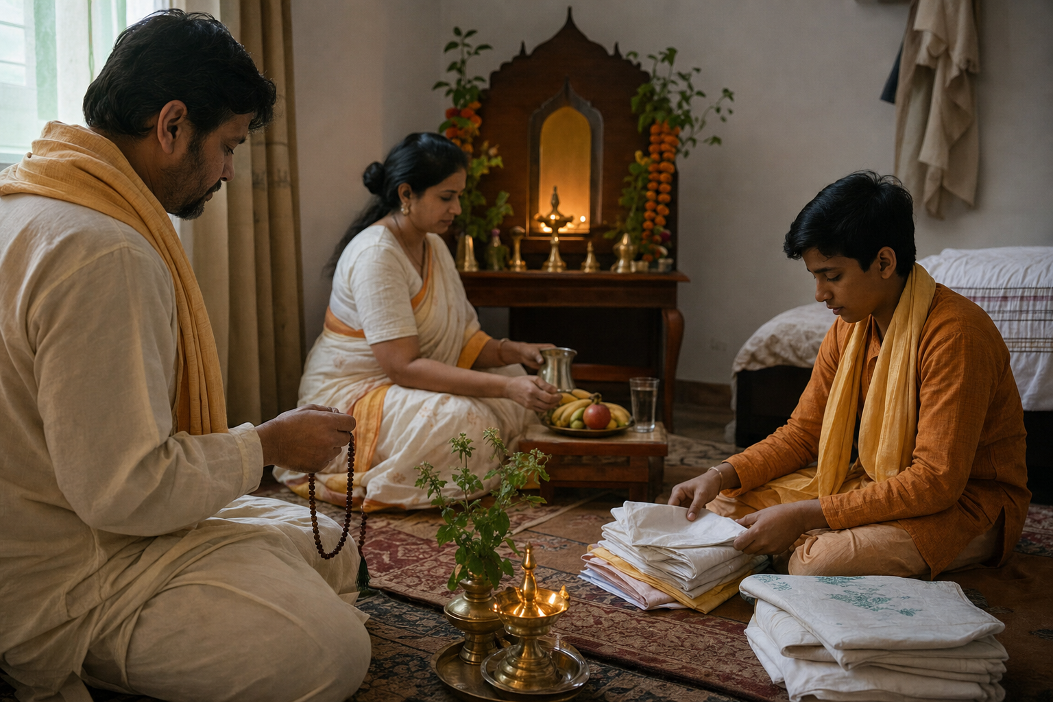 Pilgrims pray with tulsi beads, prepare a simple fruit meal, and fold cloths for service in a modest guest room.