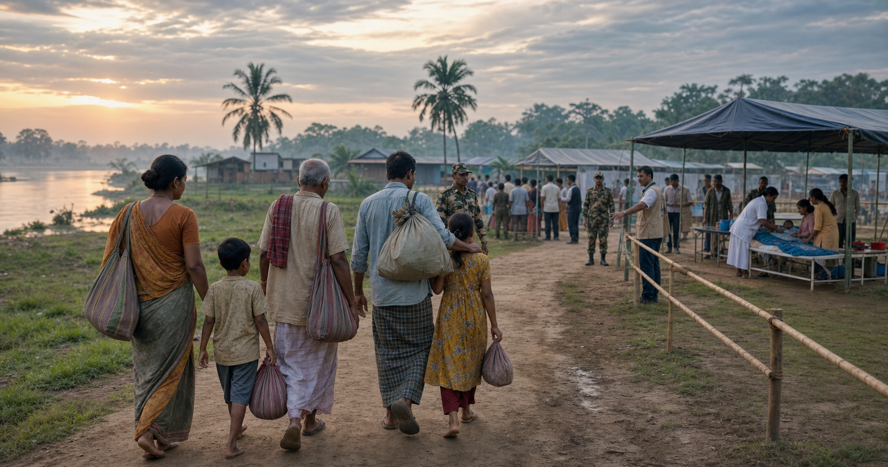 A family carrying small bags walks toward an organized humanitarian reception point staffed by aid workers and border personnel at dawn.
