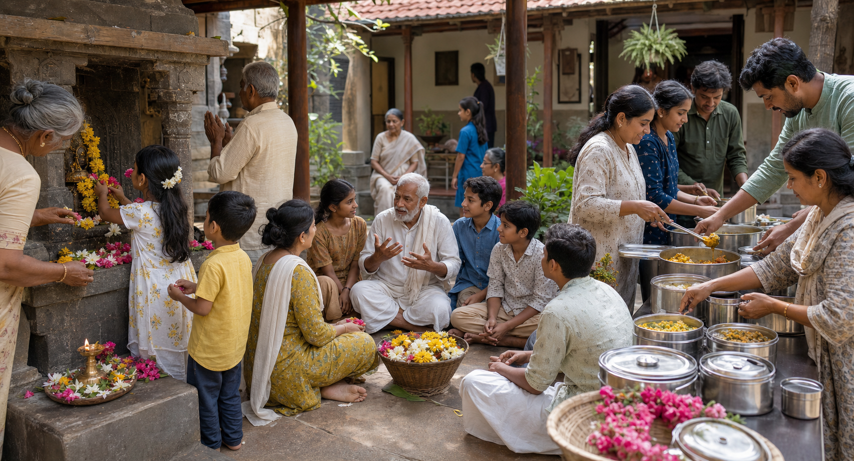 Worshippers offer flowers, listen to an elder's story, and prepare meals for distribution in a temple courtyard.