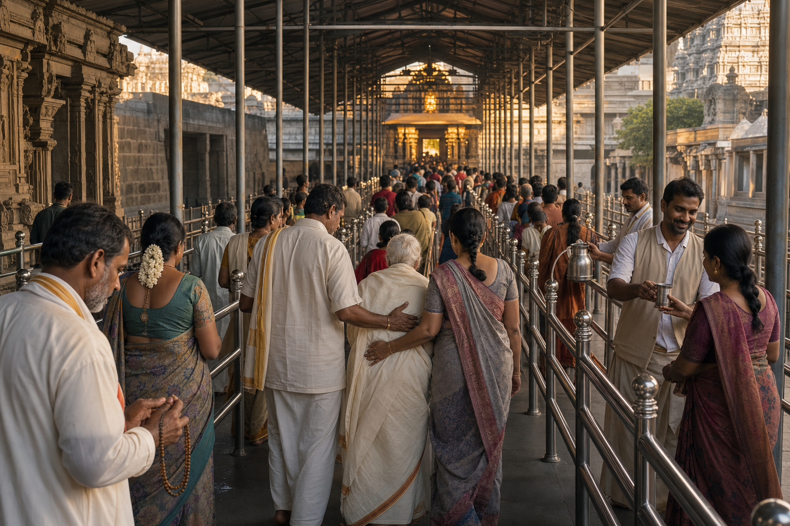Pilgrims wait calmly in a shaded temple queue while praying, helping an elder, and receiving water from volunteers.