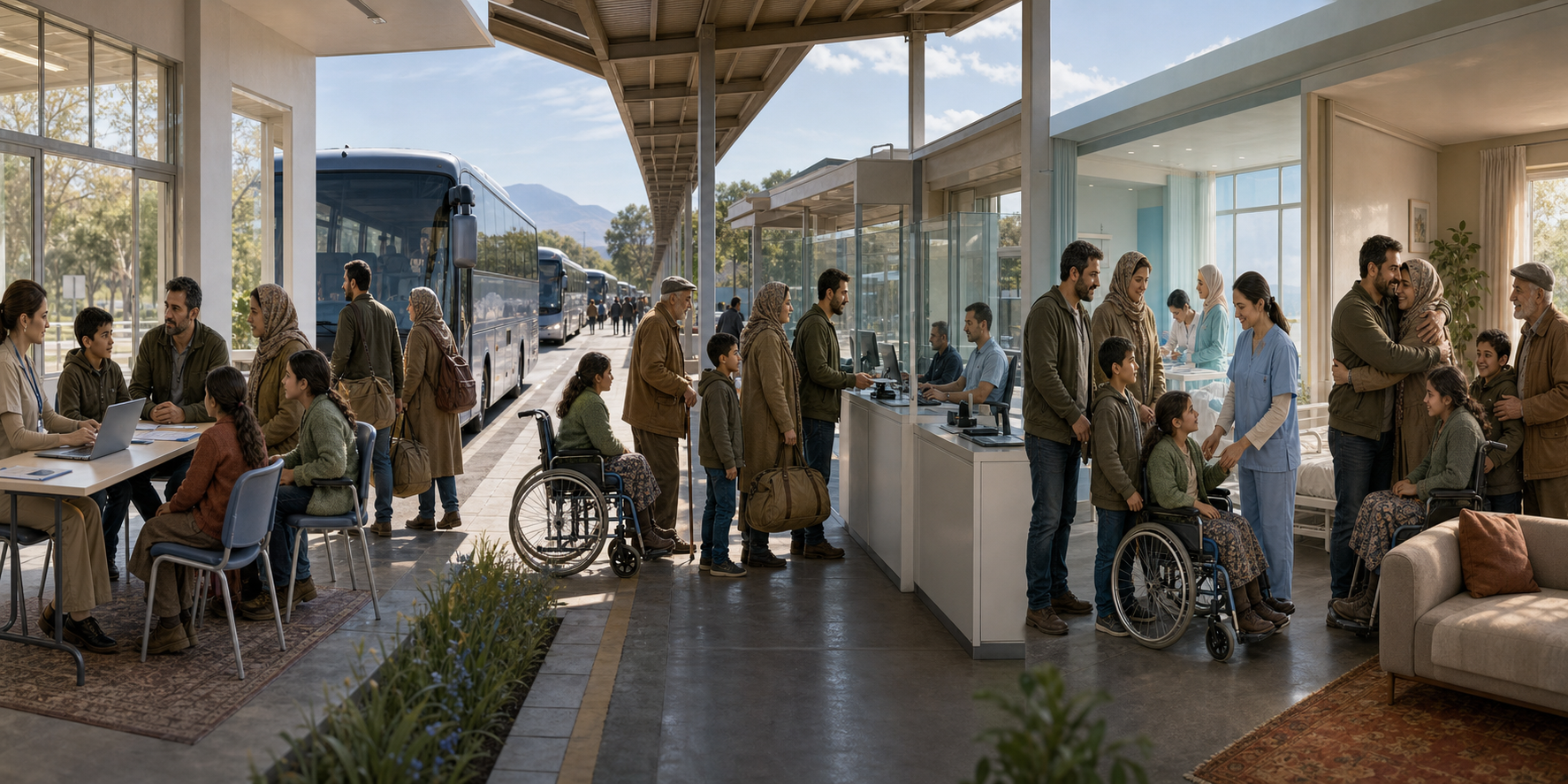 A panoramic illustration follows displaced families through assessment, monitored transport, border screening, emergency reception, and family reunification.