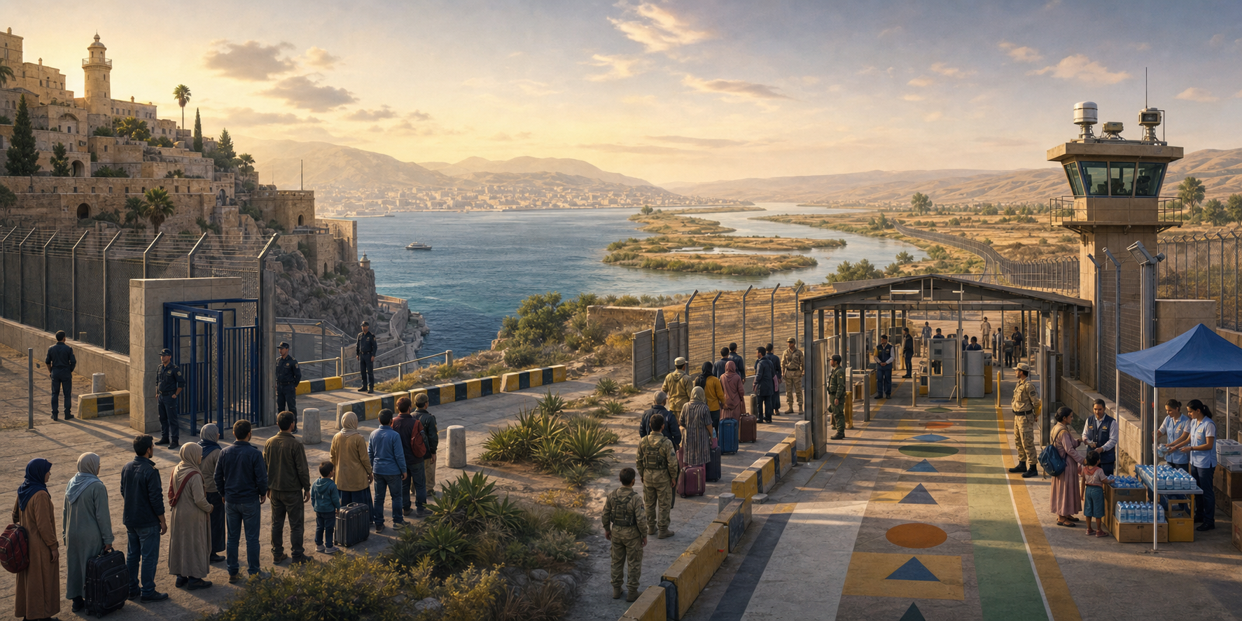Editorial illustration pairing a Mediterranean coastal border enclave with a Bharatiya border post, showing security personnel, controlled entry lanes, and humanitarian assistance areas.