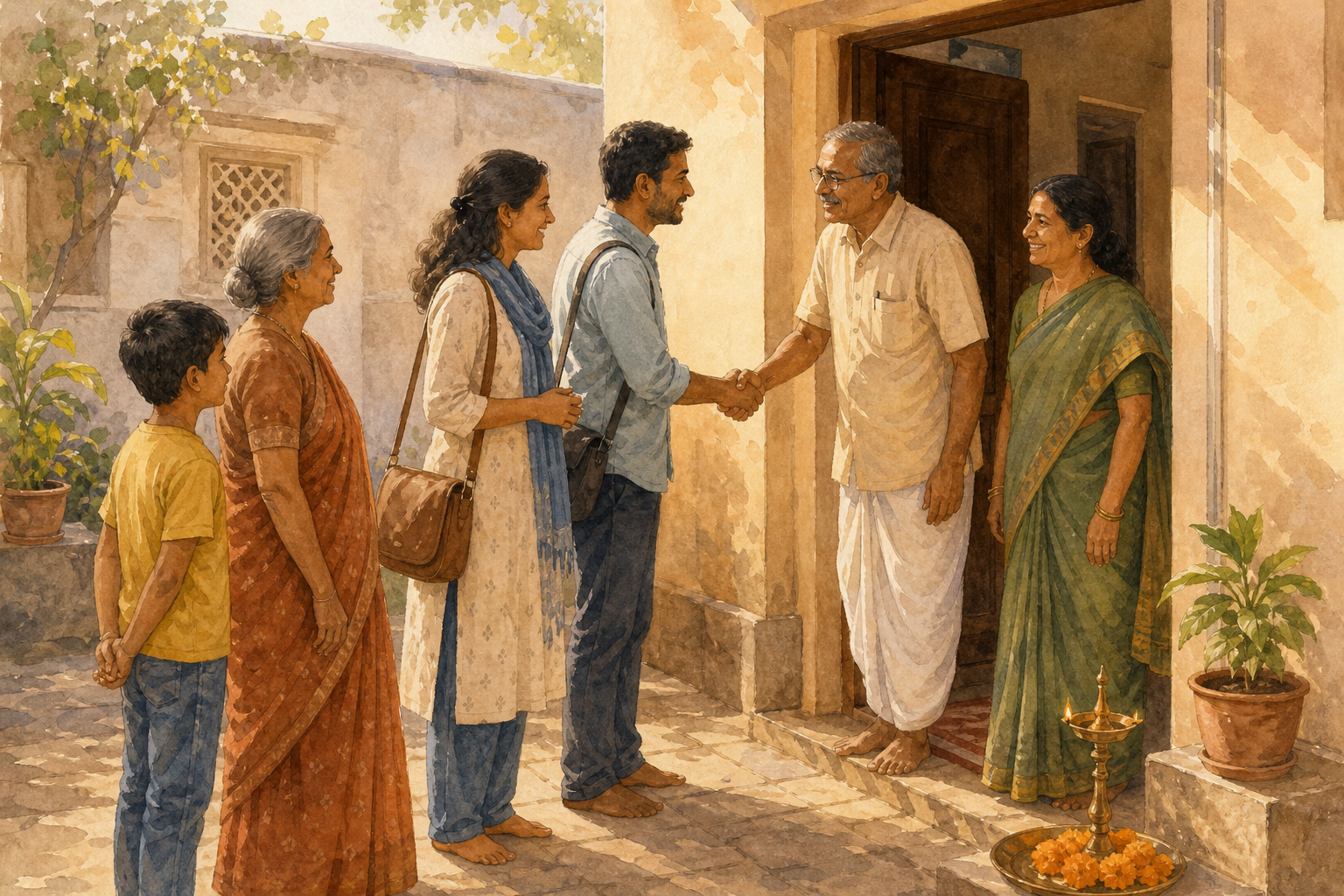 Adults and a multigenerational Hindu community gather respectfully beside an open doorway in a modest Solapur courtyard with a lamp and marigolds.