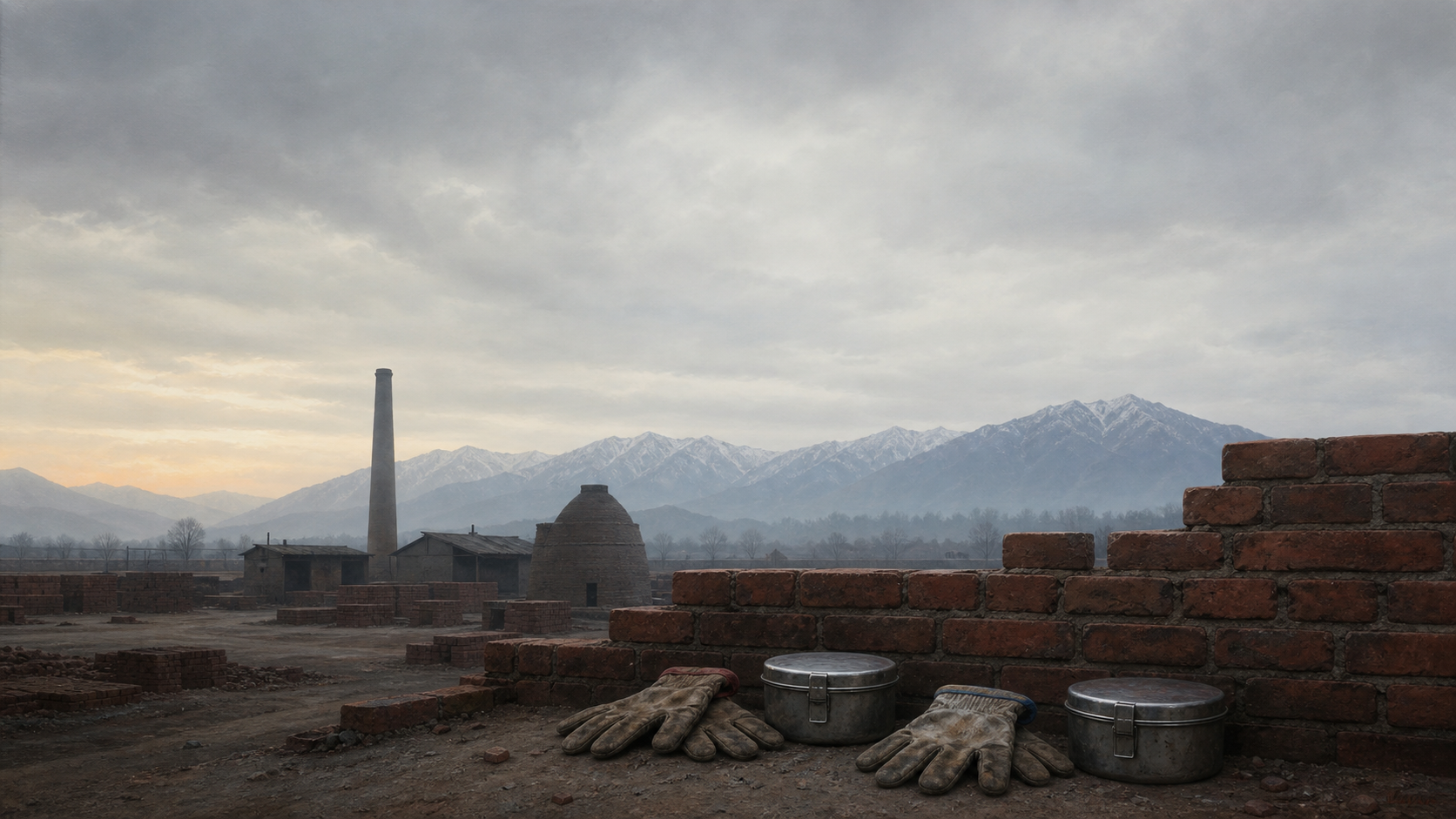 Two pairs of work gloves and two metal lunch containers lie beside an unfinished brick wall at a quiet kiln with mountains in the distance.