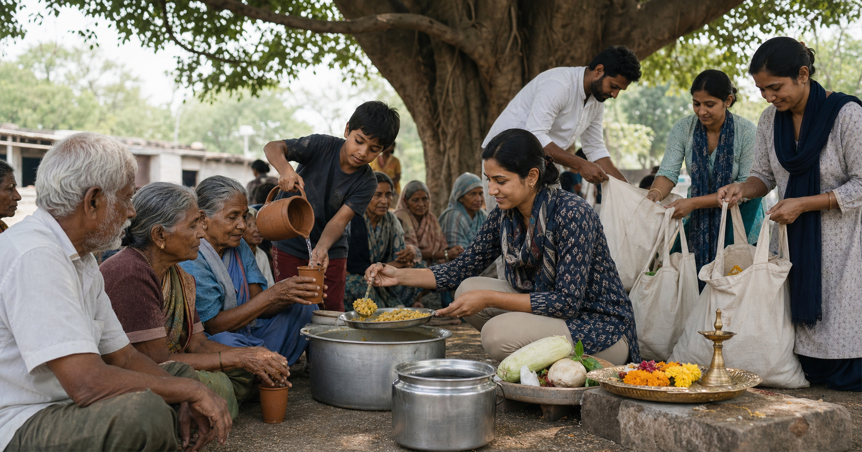 Volunteers serve a meal, offer water, and pack reusable bags of household provisions beneath a large tree.