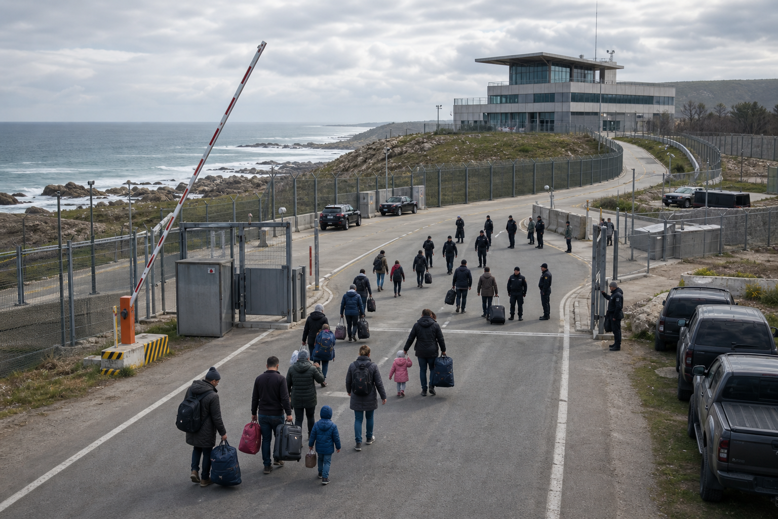 Civilians approach a coastal border checkpoint along a route opened by a raised outer barrier while officers organize a controlled reception area.