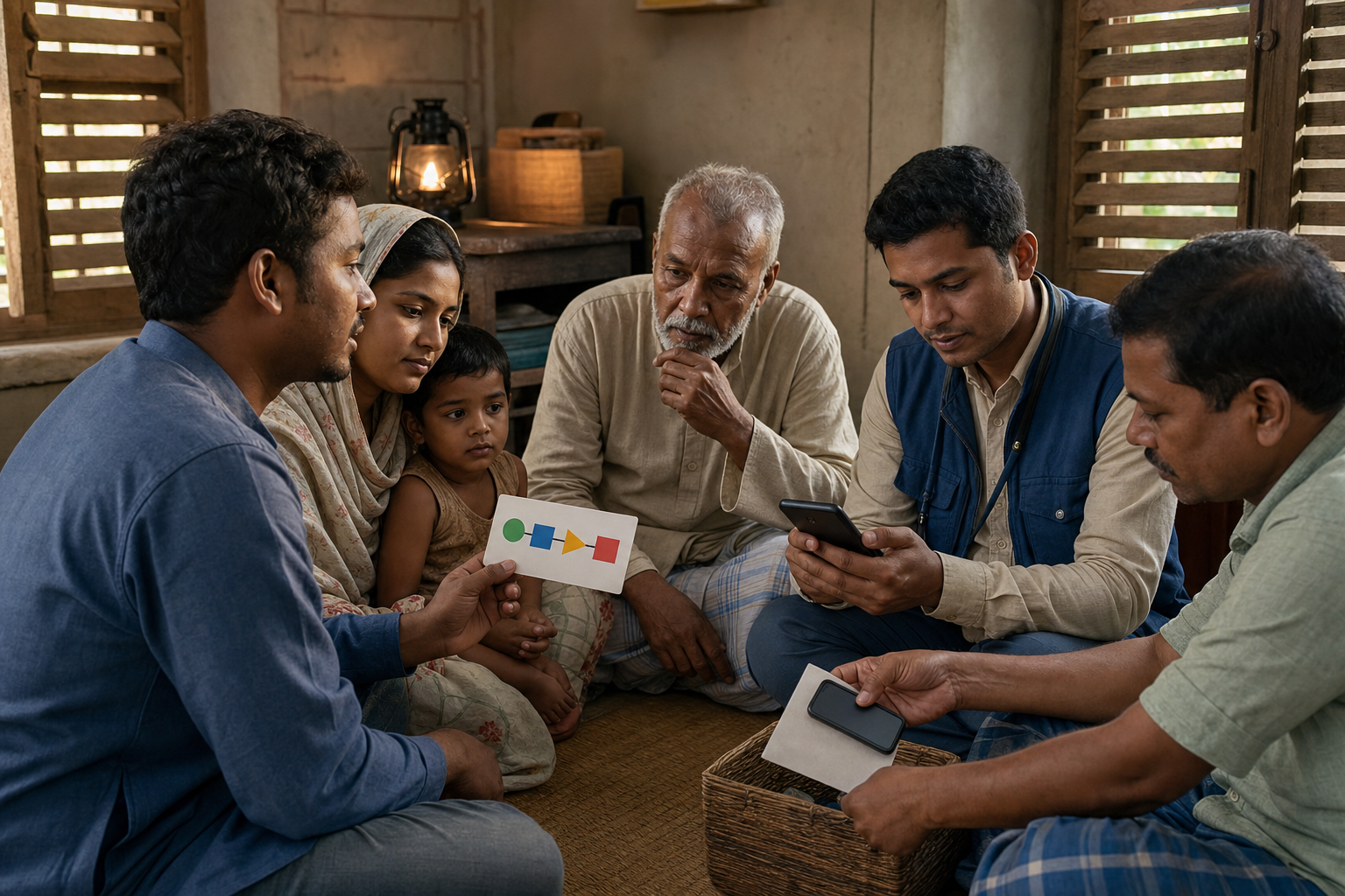 Families listen to trained helpers verifying travel instructions in a private community room while an unverified phone message is set aside.