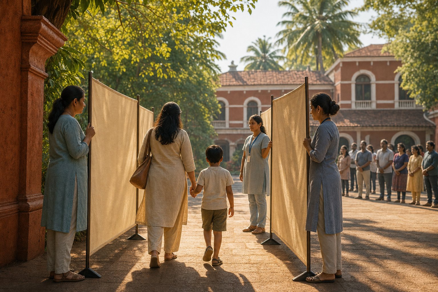 Child-welfare professionals use plain privacy screens to shield a caregiver and child from a distant crowd holding lowered phones in a Goan courtyard.