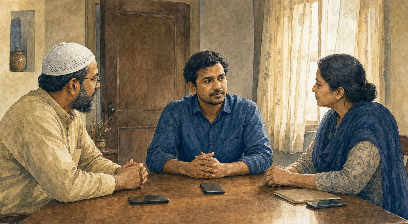 An adult speaks privately with two attentive advisers seated at the same level around a wooden table in a quiet room.