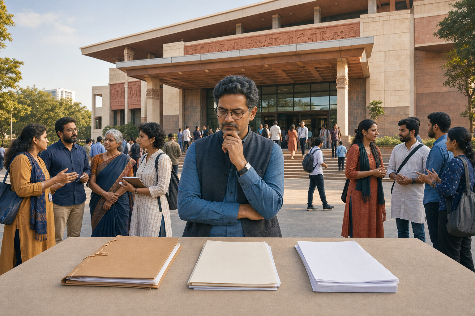 Citizens, activists and event organisers outside a Karnataka civic auditorium as an observer examines three separate documents on a table.