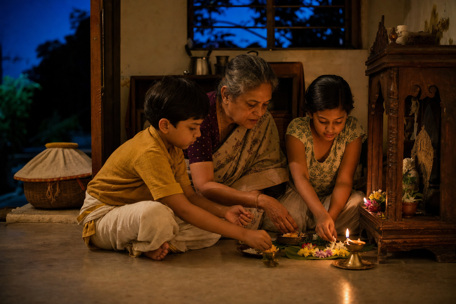 An elder teaches two younger family members to arrange a lamp, flowers, leaves, and food at a household shrine.