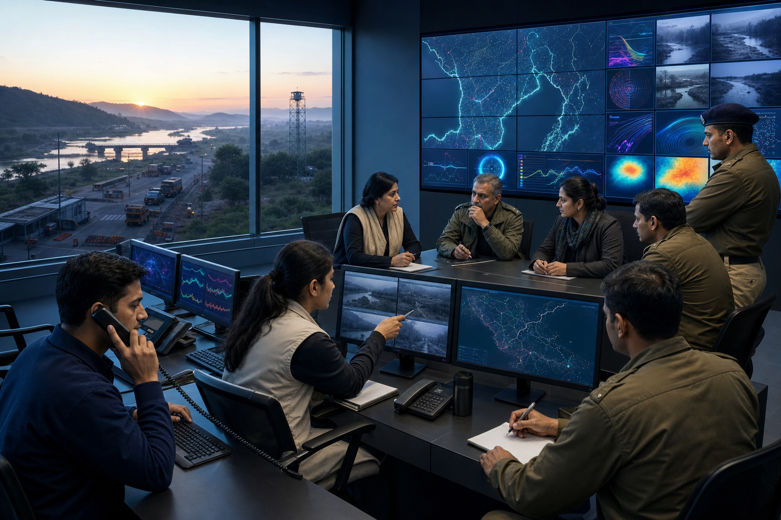 A Bharatiya border coordination team monitors abstract route, weather, communications, and field-camera displays in an early-warning center before dawn.