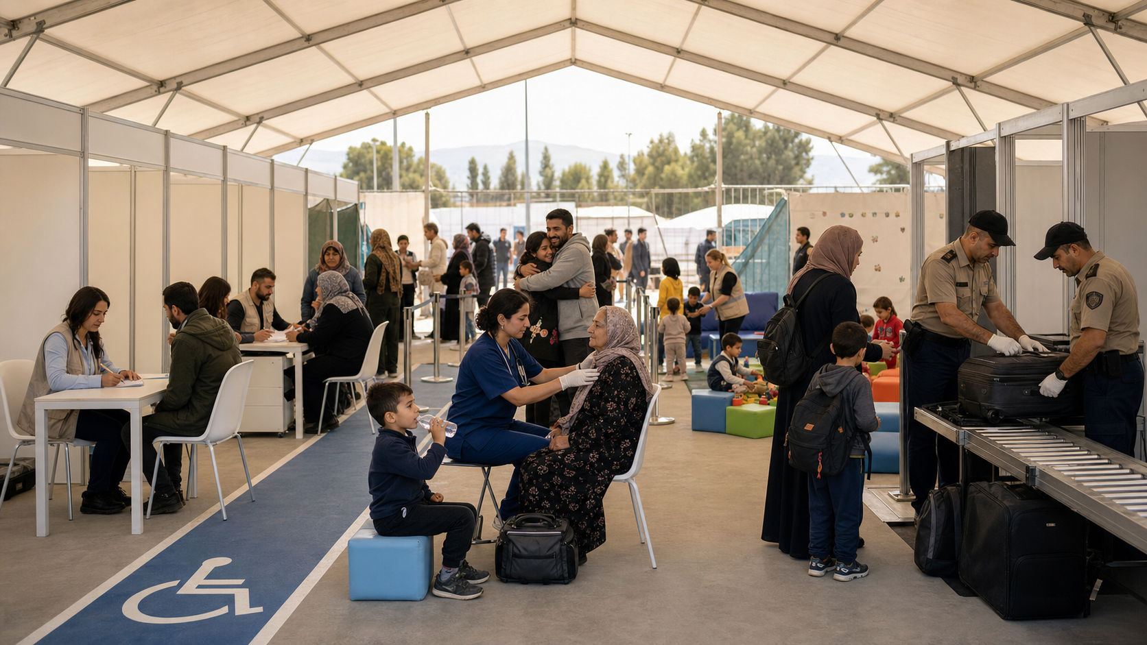 Medical workers assist an older woman and a child as registration staff and security personnel conduct orderly checks in a humanitarian reception center.