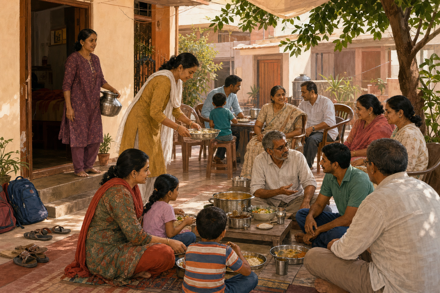 Adults and children share a community meal in a shaded Solapur courtyard while newcomers participate in serving food and conversation.