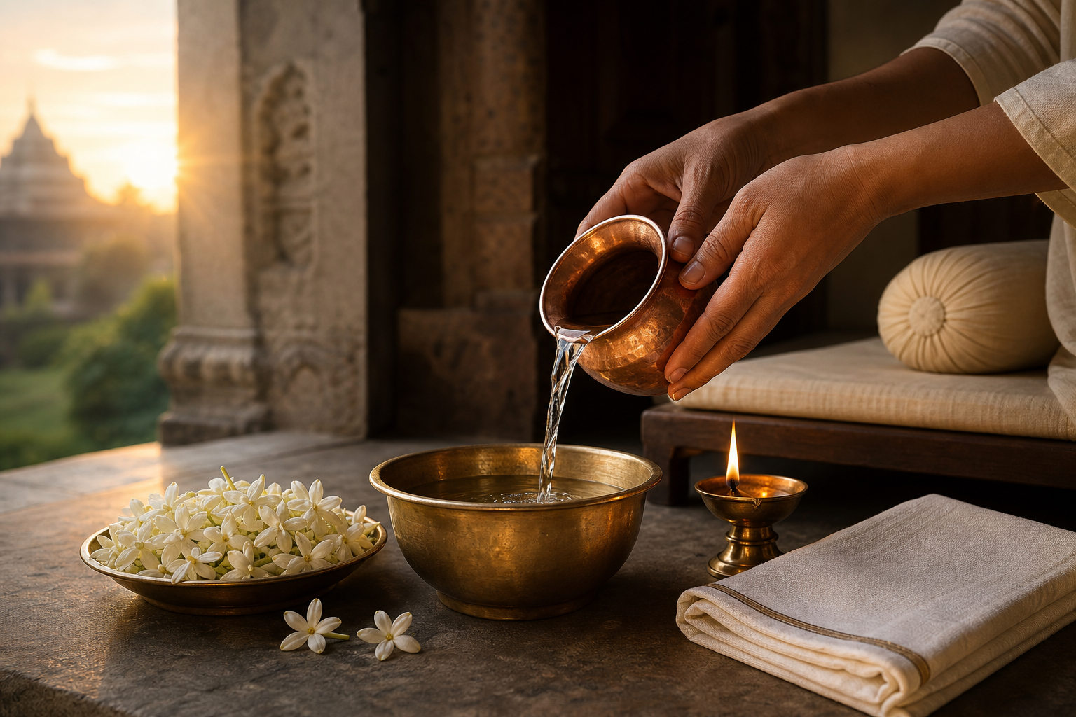 Hands arrange a copper water vessel, brass bowl, oil lamp, jasmine and folded cloth beside an empty seat.
