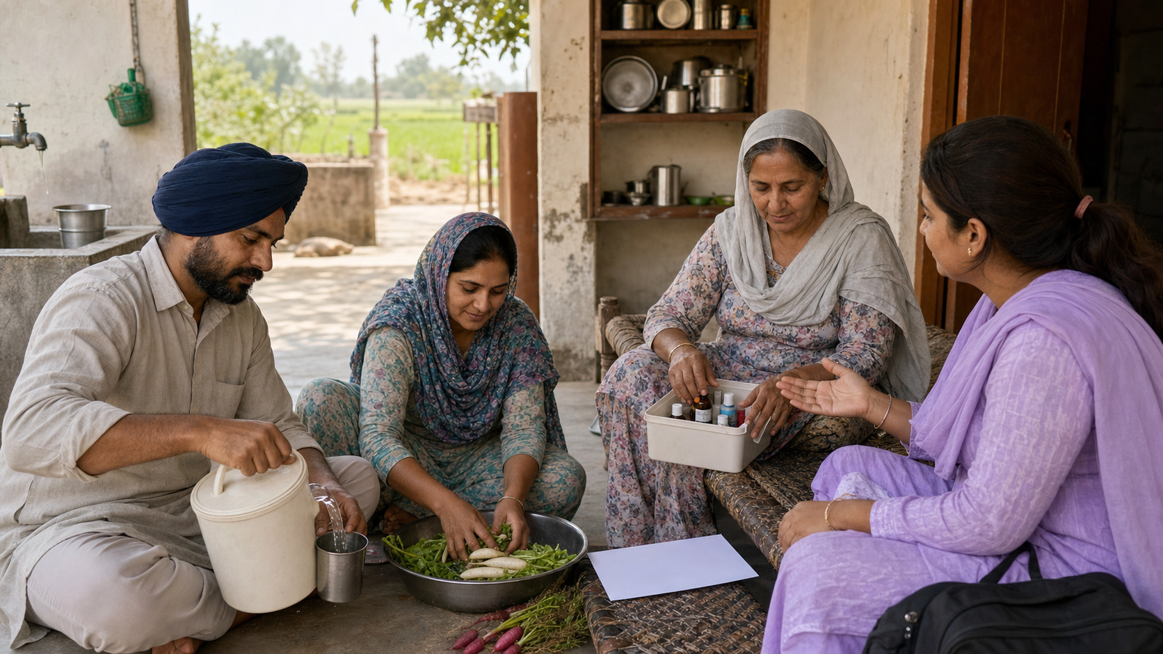A family in a Punjabi home courtyard stores drinking water in a covered vessel, washes vegetables, and speaks with a community health worker.
