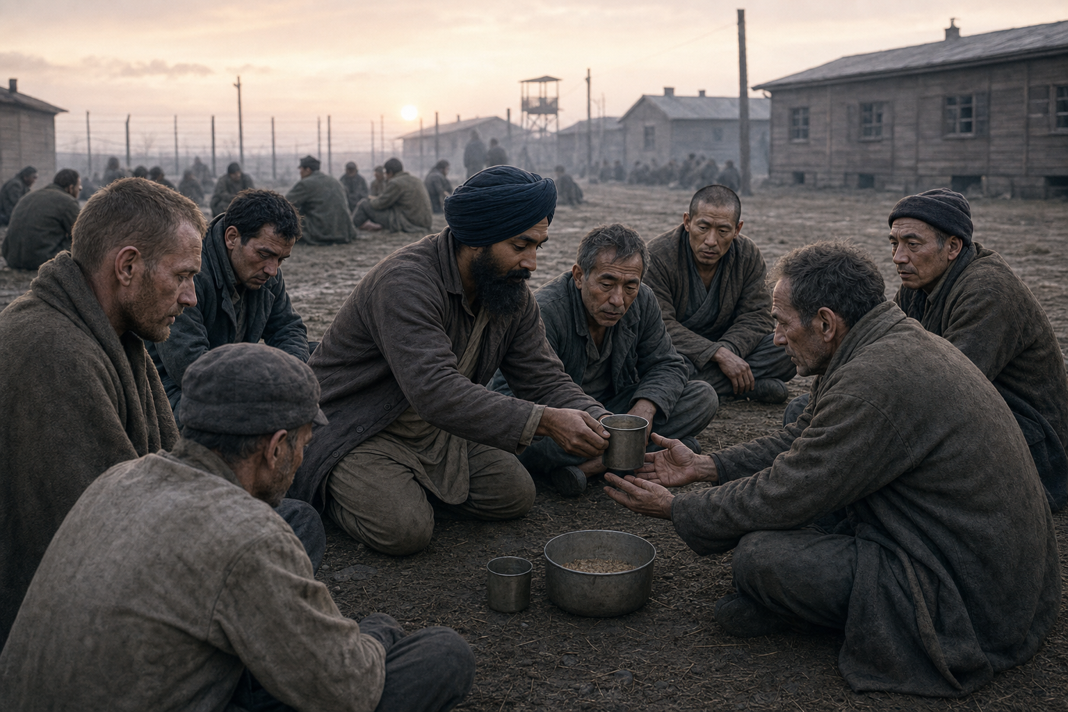 A Sikh captive in a turban shares a small ration and a metal cup with a diverse group of prisoners inside a guarded wartime compound at dawn.