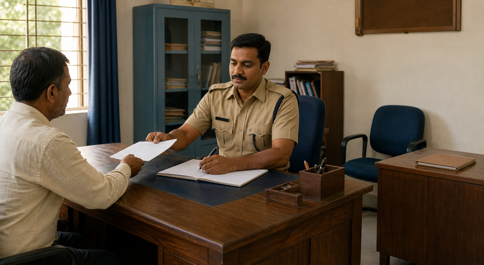 A civic representative submits a petition to a police officer while a separate closed case file remains on another desk.