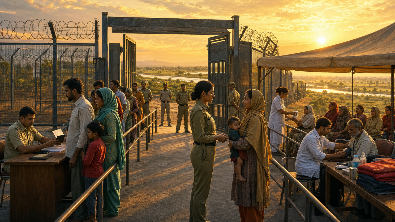 Border officers maintain a secure inspection gate while medical workers provide water and first aid to civilians in an adjacent assistance area.