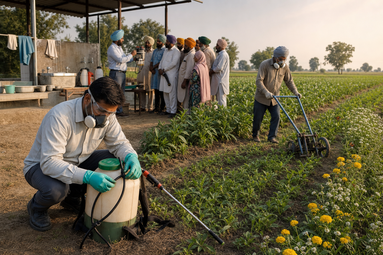 Punjabi farmers use protective equipment, inspect a sprayer, operate a mechanical weeder, and receive safety guidance beside a field.
