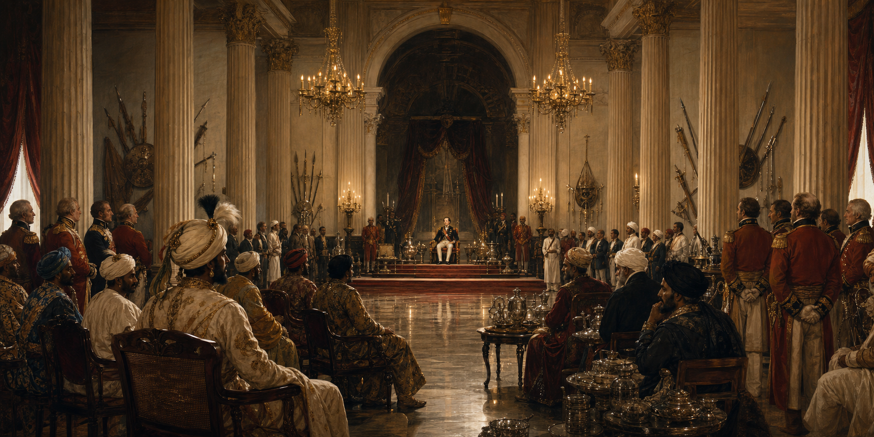 A formal 1803 reception in the grand hall of Calcutta's Government House, with Marquis Wellesley seated beyond ranked Company officials, Indian elites, attendants, and displayed Mysorean trophies.