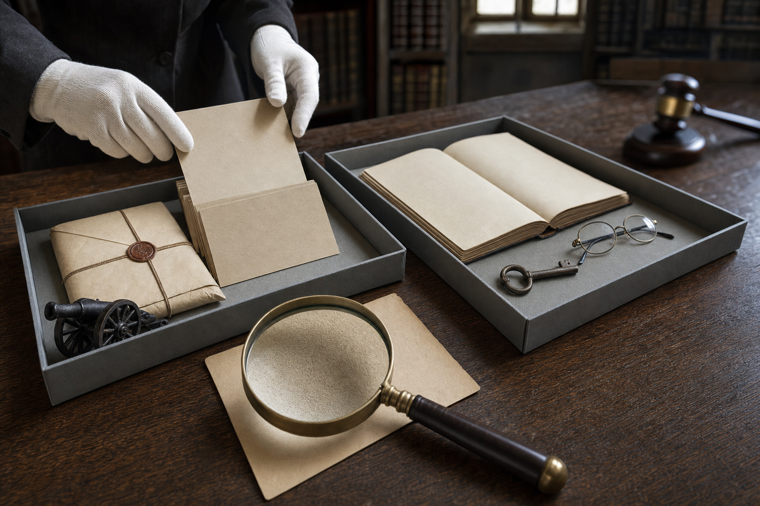 Gloved hands sort old documents, a model cannon, spectacles, a prison key, and other historical objects while a blurred gavel sits at the edge of the table.