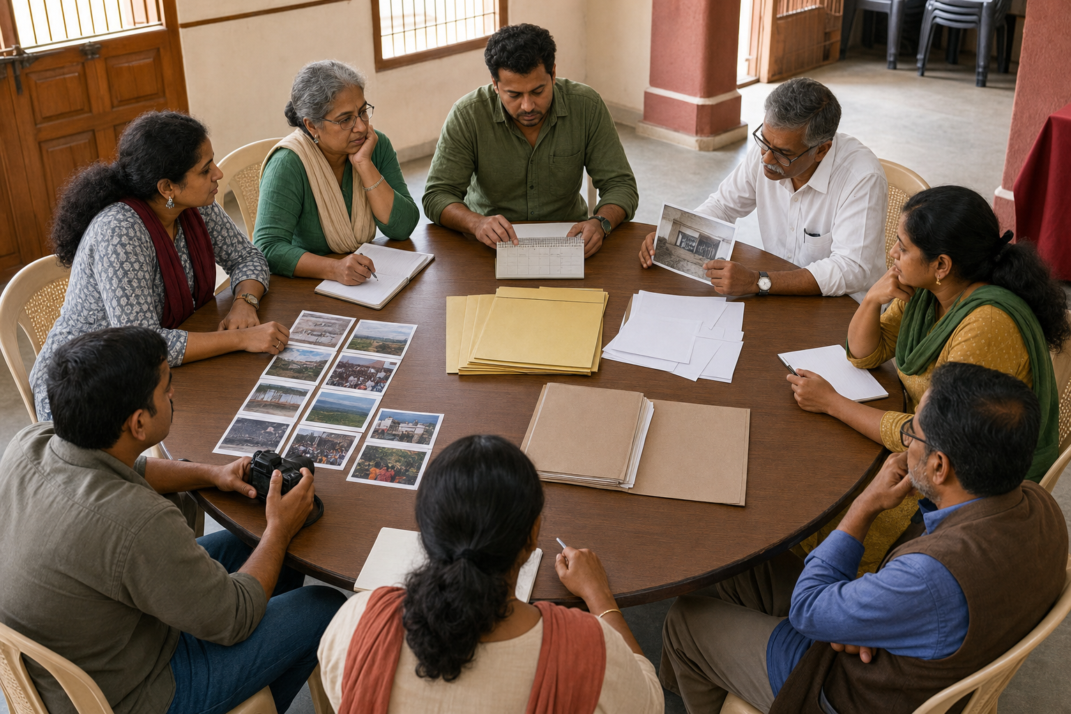 Activists, organisers and civic observers review evidence, request papers and an official file around a community-hall table.